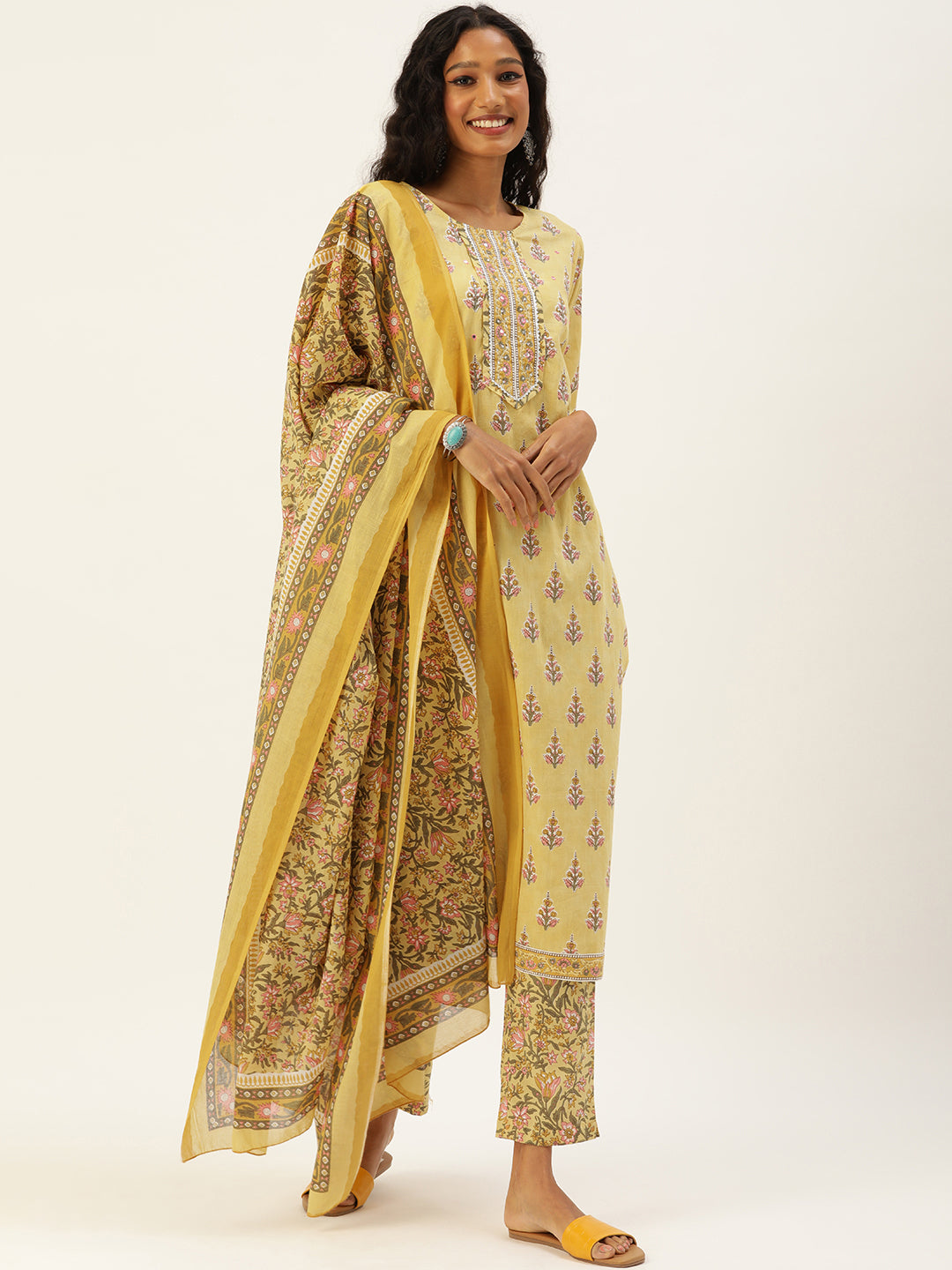 Women Yellow Pure Cotton Ethnic Printed Gotta Patti Kurta with Trousers & Dupatta Kurti Dupatta set Pant Rangdeep-Fashions 