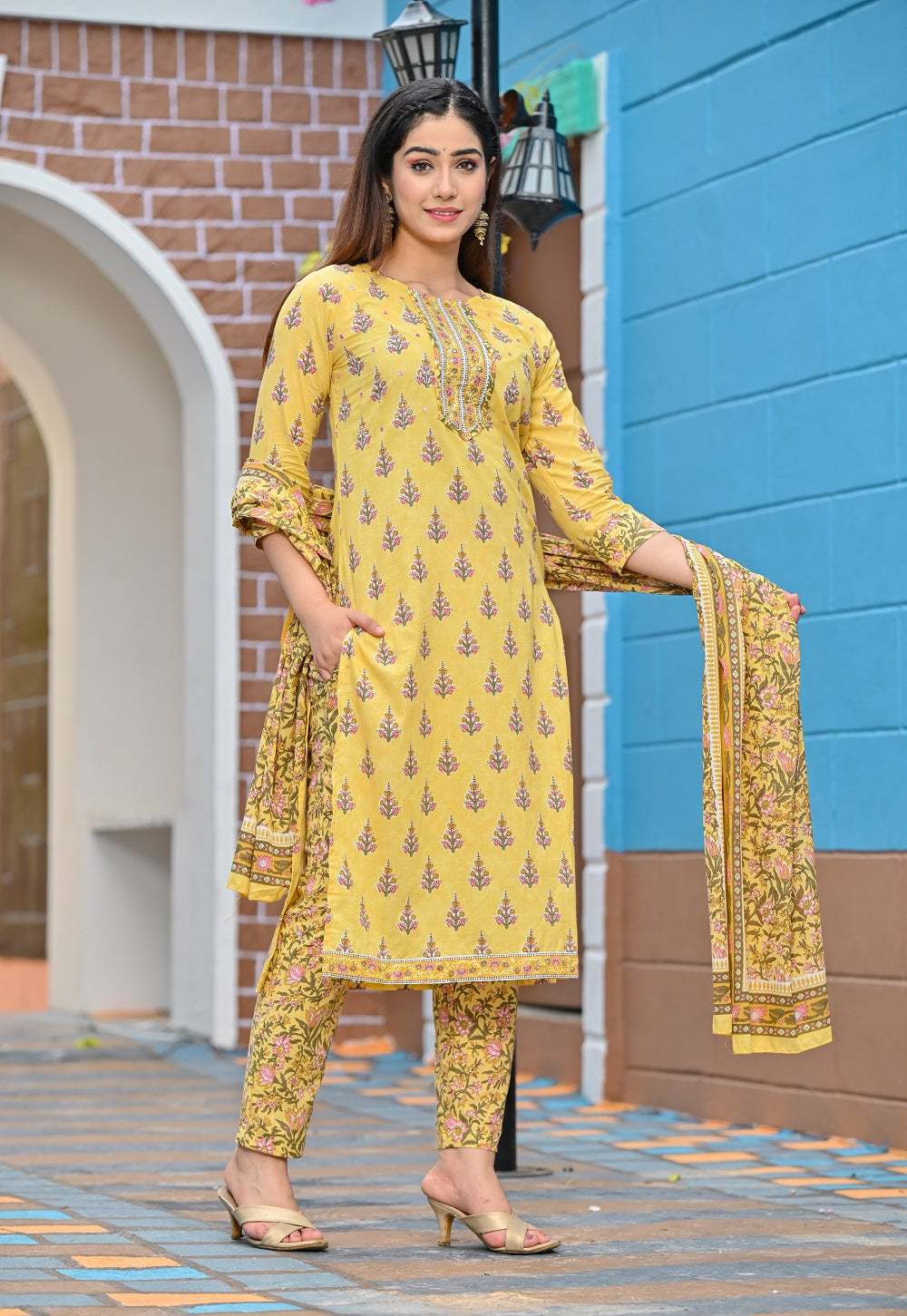 Women Yellow Pure Cotton Ethnic Printed Gotta Patti Kurta with Trousers & Dupatta Kurti Dupatta set Pant Rangdeep-Fashions 