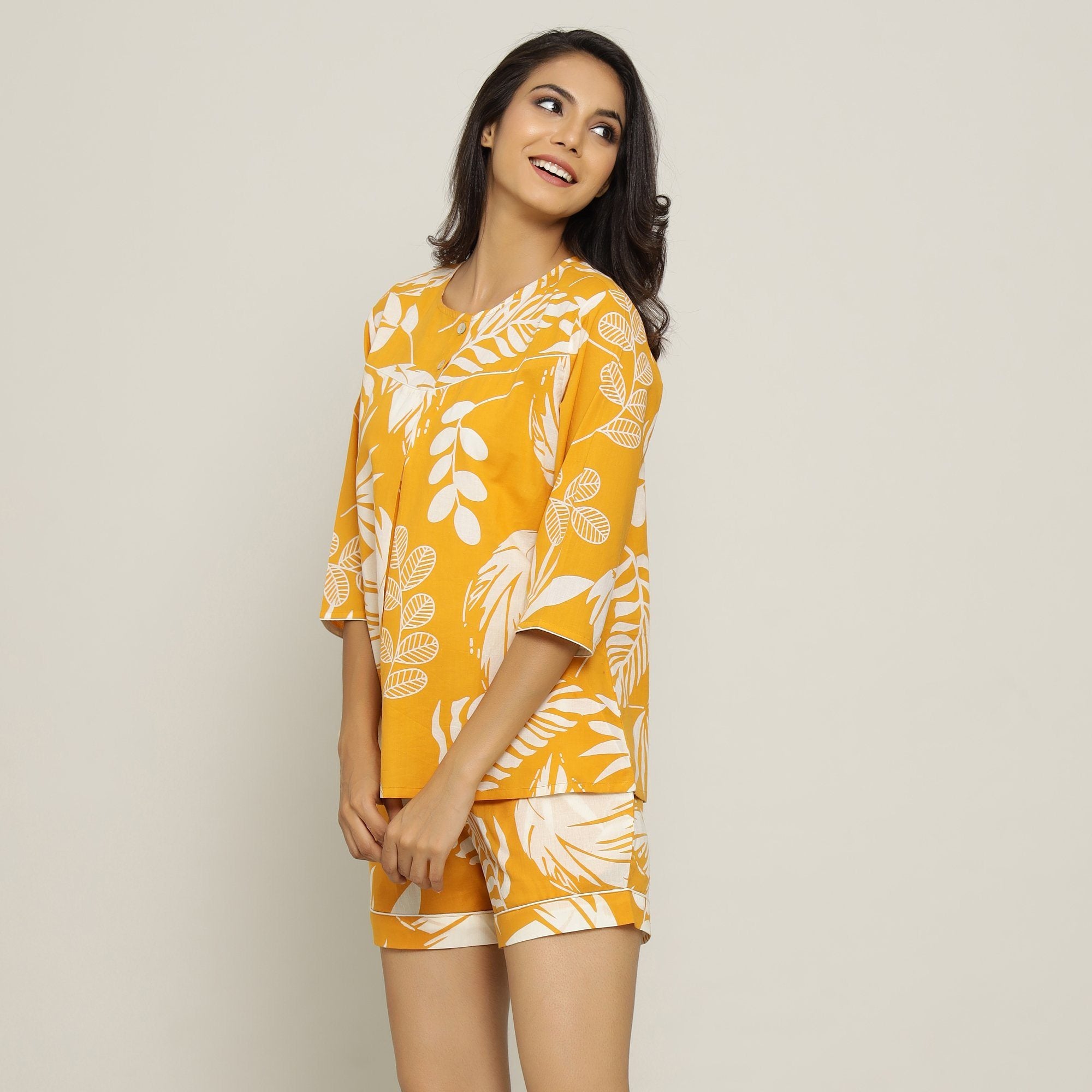 Yellow Cotton Printed Night Suit Set Night Suit SANSKRUTI HOMES 