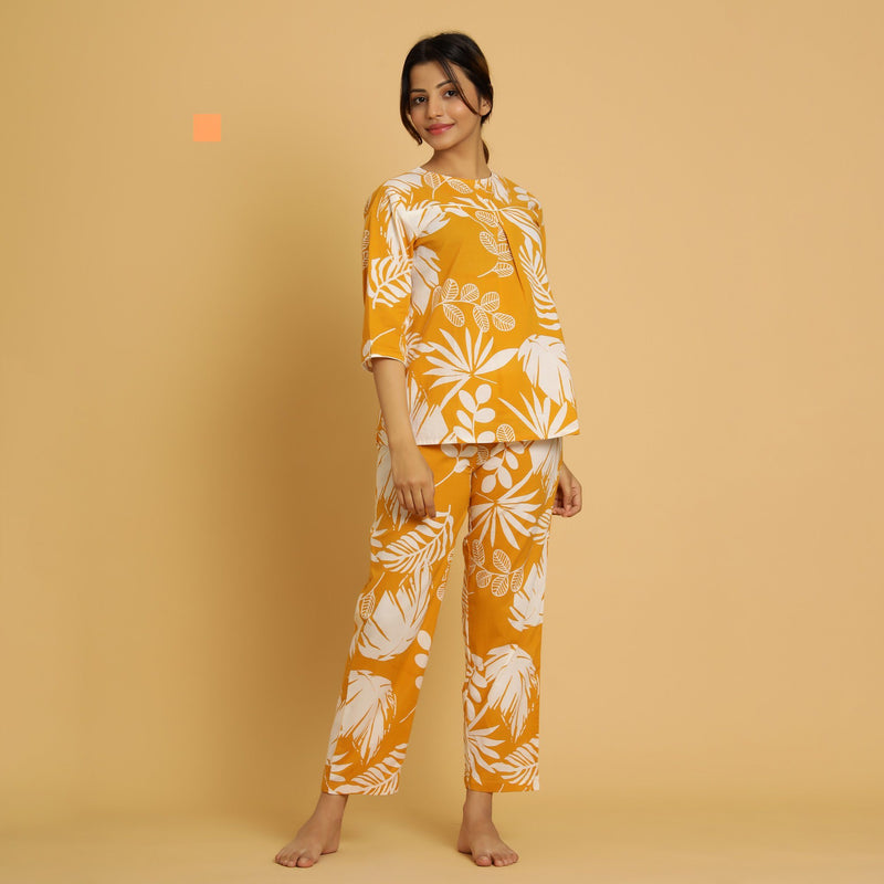 Yellow Cotton Printed Night Suit Set with Pajama Night Suit SANSKRUTI HOMES 