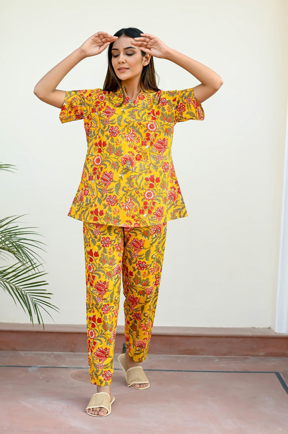 Yellow Cotton Printed Night Suit Set with Payjama Night Suit SANSKRUTI HOMES 