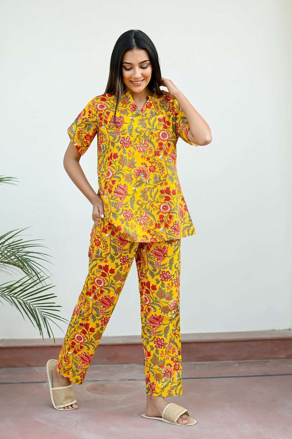 Yellow Cotton Printed Night Suit Set with Payjama Night Suit SANSKRUTI HOMES 